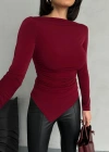 Bordo Asimetrik Detay Bluz