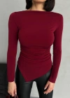 Bordo Asimetrik Detay Bluz