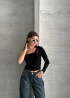 Siyah Tek Omuz Uzun Kollu Bluz