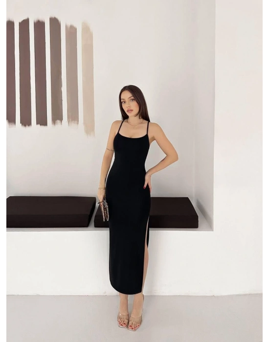 Siyah İp Askılı Elbise
