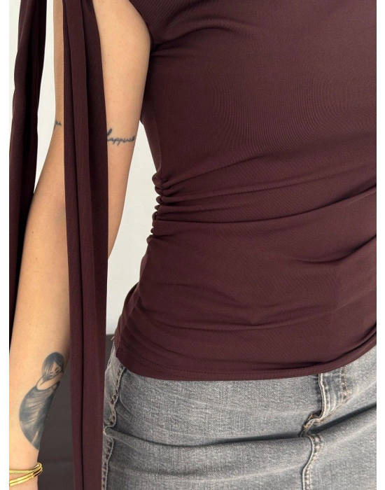 Kahverengi Dalgıç Omuz Bağlamalı Bluz