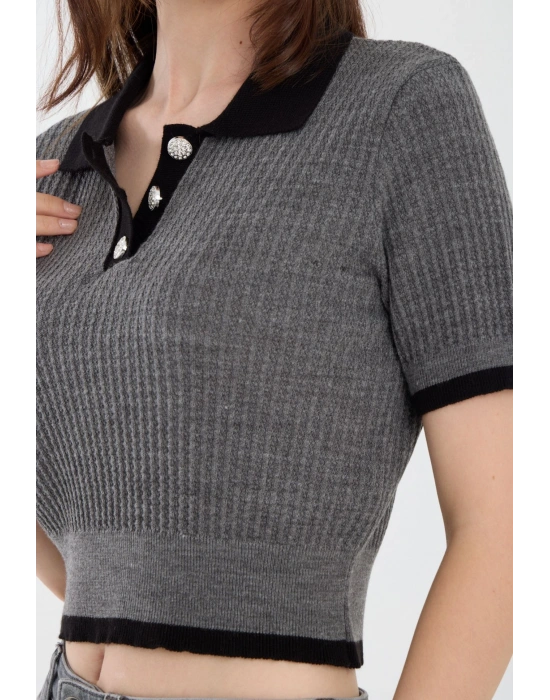 Antrasit Kısa Kollu Polo Yaka Kazak