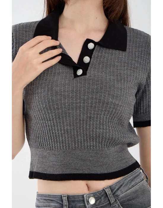 Antrasit Kısa Kollu Polo Yaka Kazak