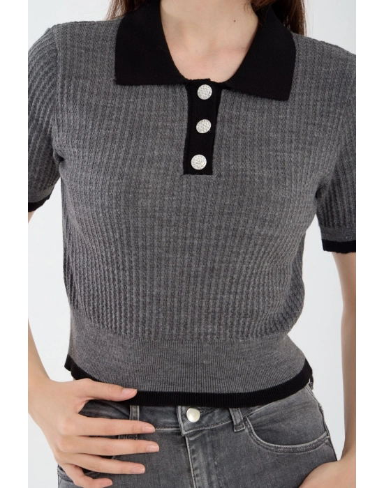 Antrasit Kısa Kollu Polo Yaka Kazak