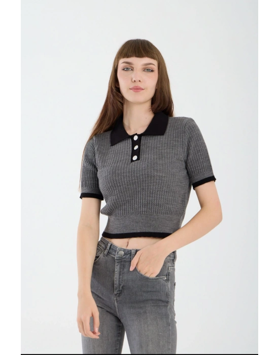 Antrasit Kısa Kollu Polo Yaka Kazak