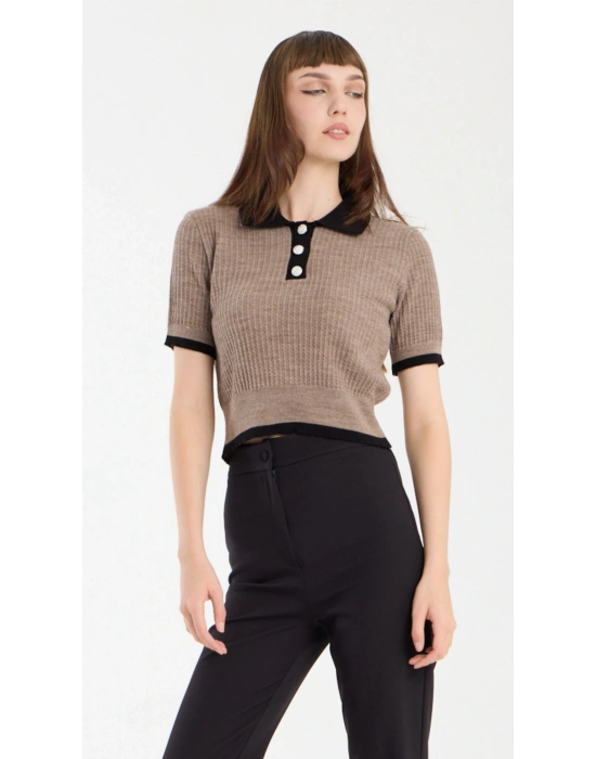 Bej Kısa Kollu Polo Yaka Kazak