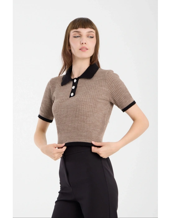 Bej Kısa Kollu Polo Yaka Kazak