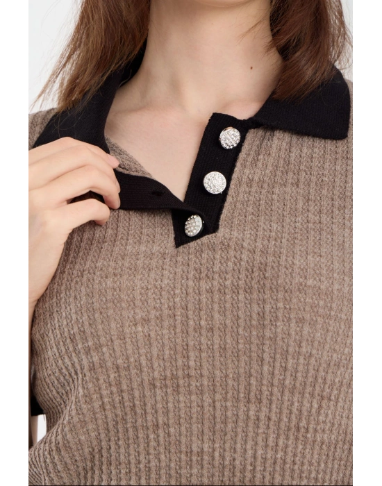 Bej Kısa Kollu Polo Yaka Kazak