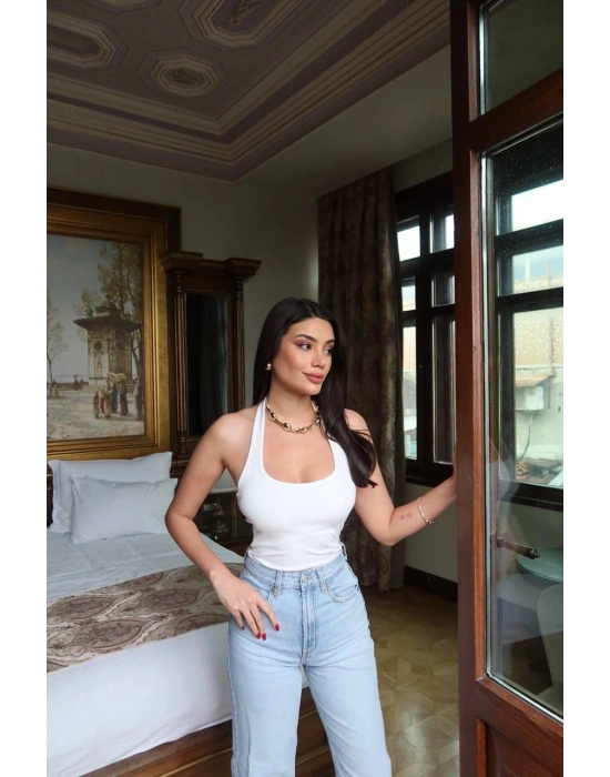 Beyaz Boyundan Geçmeli Crop