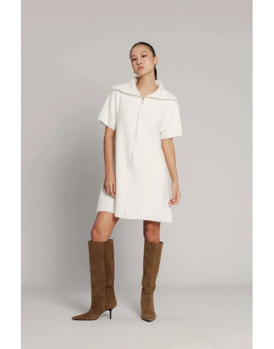 Beyaz Sakallı Fermuarlı Elbise