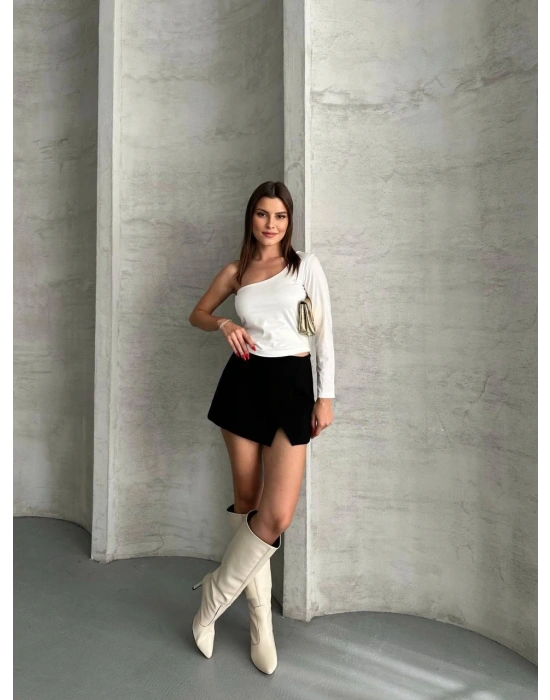 Beyaz Tek Omuz Uzun Kollu Bluz