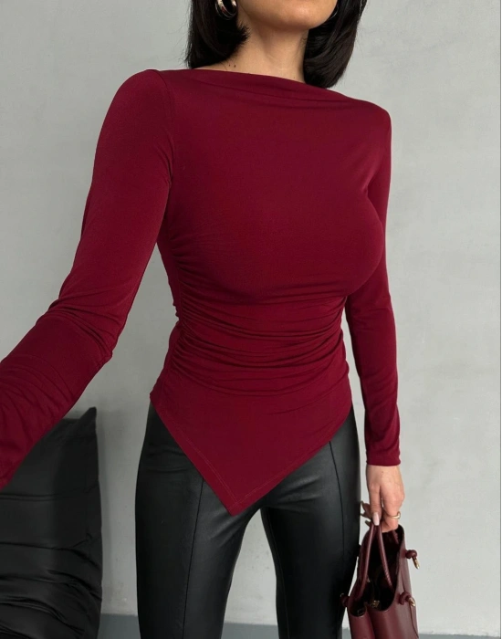 Bordo Asimetrik Detay Bluz