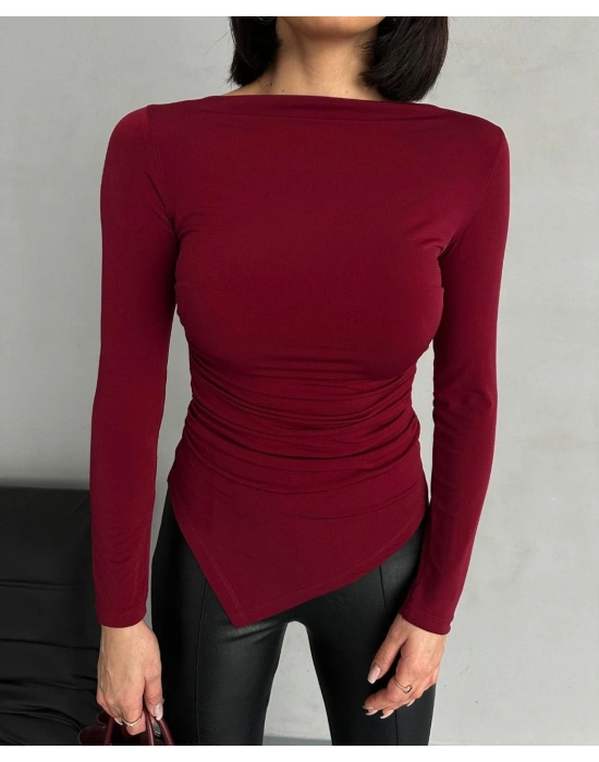 Bordo Asimetrik Detay Bluz