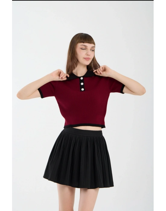 Bordo Kısa Kollu Polo Yaka Kazak