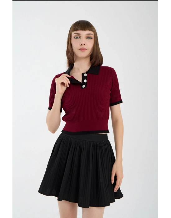 Bordo Kısa Kollu Polo Yaka Kazak