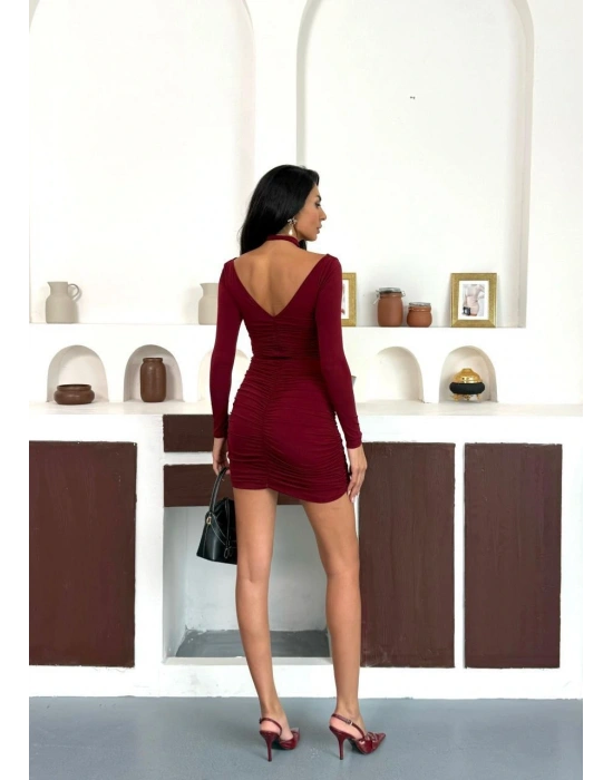 Bordo Pencere Detay Elbise