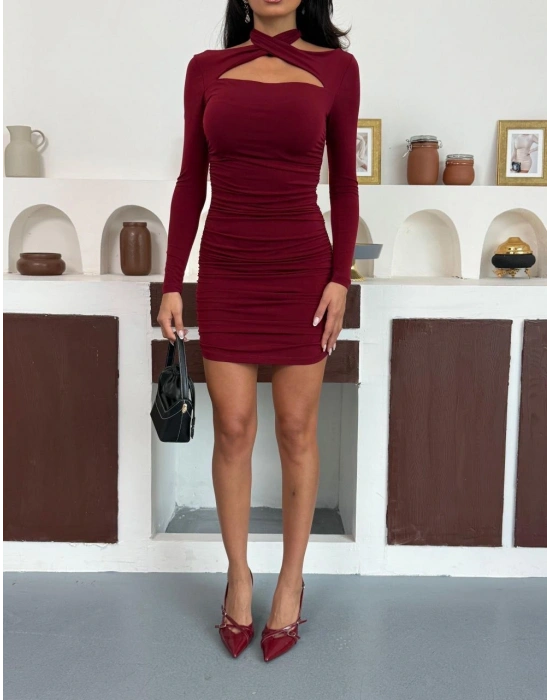 Bordo Pencere Detay Elbise