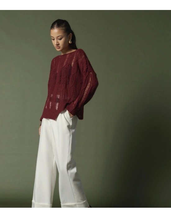 Bordo Saç Örgülü Kazak