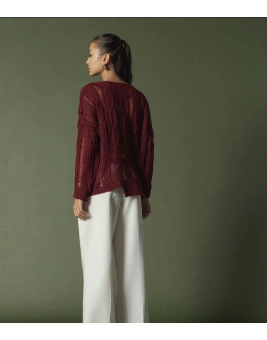 Bordo Saç Örgülü Kazak