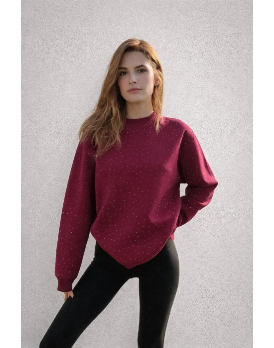 Bordo Taş Detay Sweatshirt