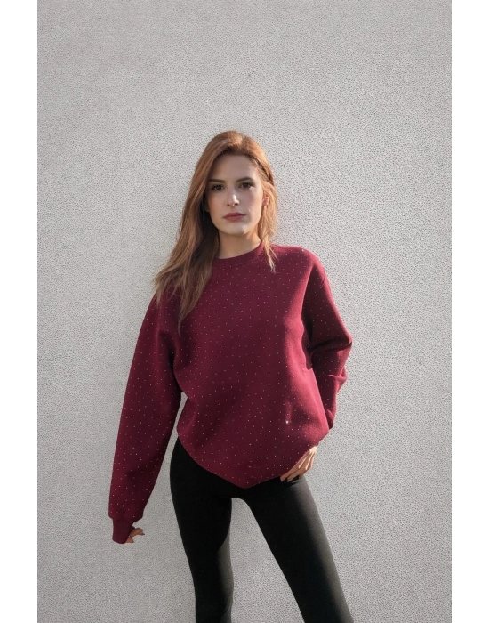 Bordo Taş Detay Sweatshirt
