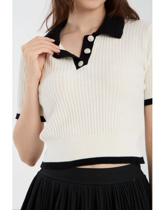 Ekru Kısa Kollu Polo Yaka Kazak