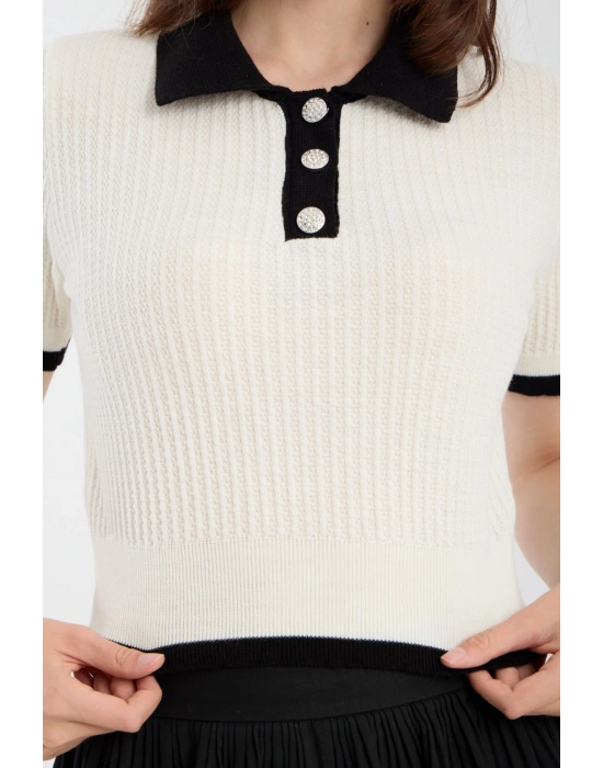 Ekru Kısa Kollu Polo Yaka Kazak