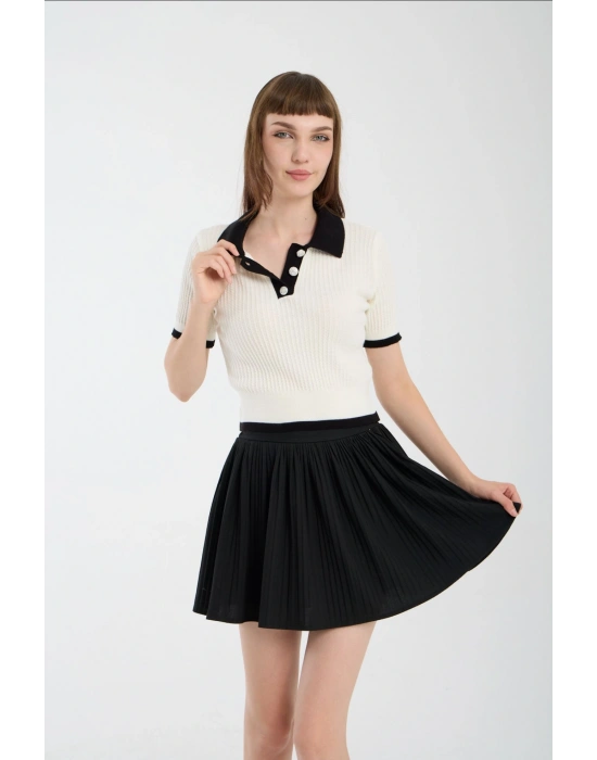 Ekru Kısa Kollu Polo Yaka Kazak