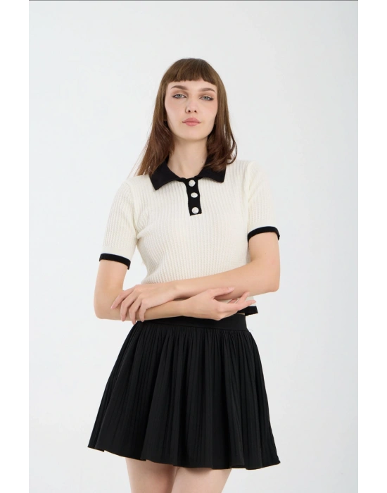 Ekru Kısa Kollu Polo Yaka Kazak