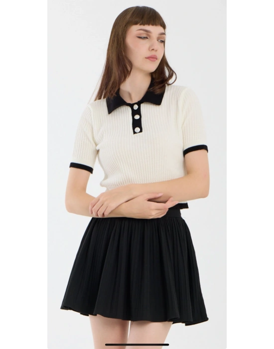 Ekru Kısa Kollu Polo Yaka Kazak