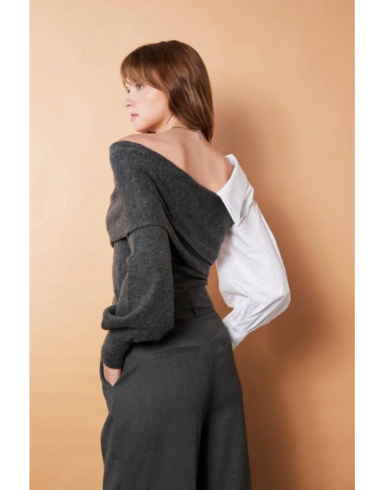 Gri Gömlek Detay Kazak