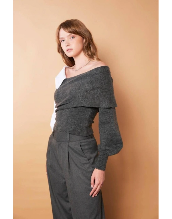 Gri Gömlek Detay Kazak