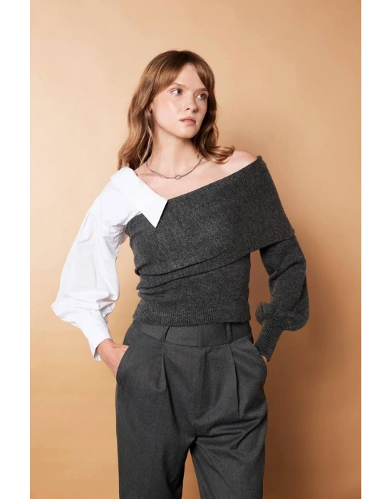 Gri Gömlek Detay Kazak