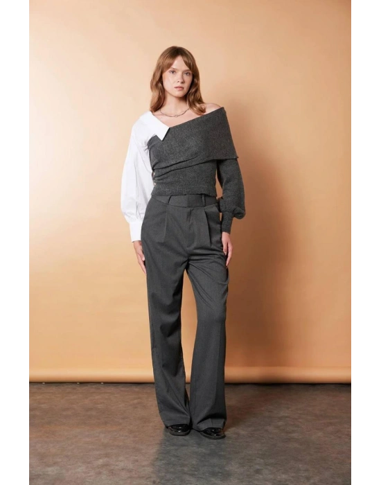 Gri Gömlek Detay Kazak