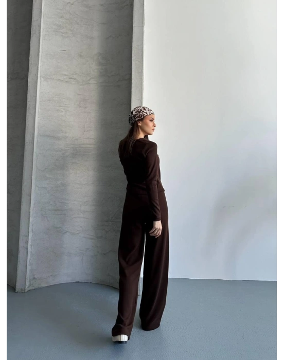 Kahverengi Düğmeli Fitilli İkili Takım