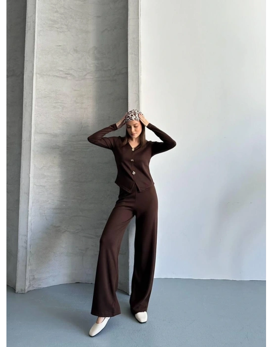 Kahverengi Düğmeli Fitilli İkili Takım