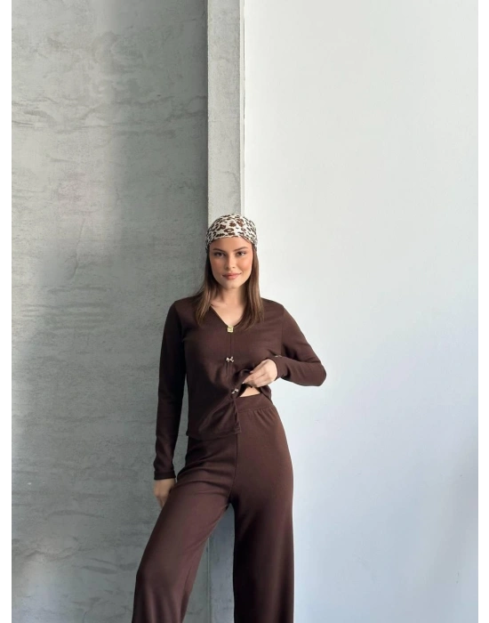 Kahverengi Düğmeli Fitilli İkili Takım