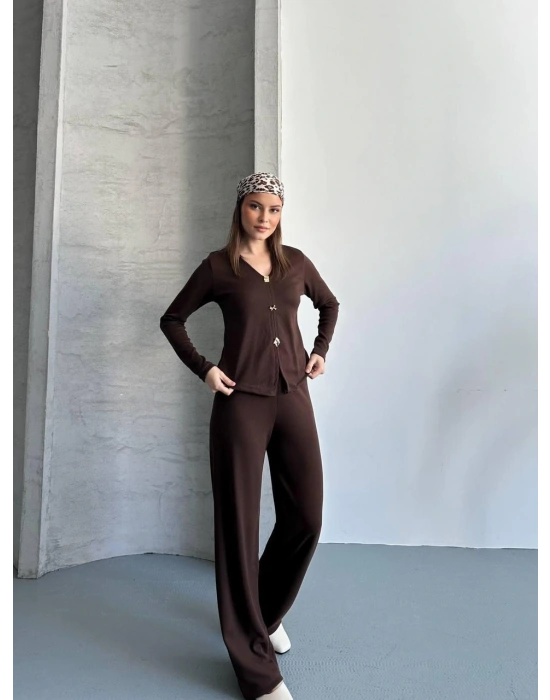 Kahverengi Düğmeli Fitilli İkili Takım