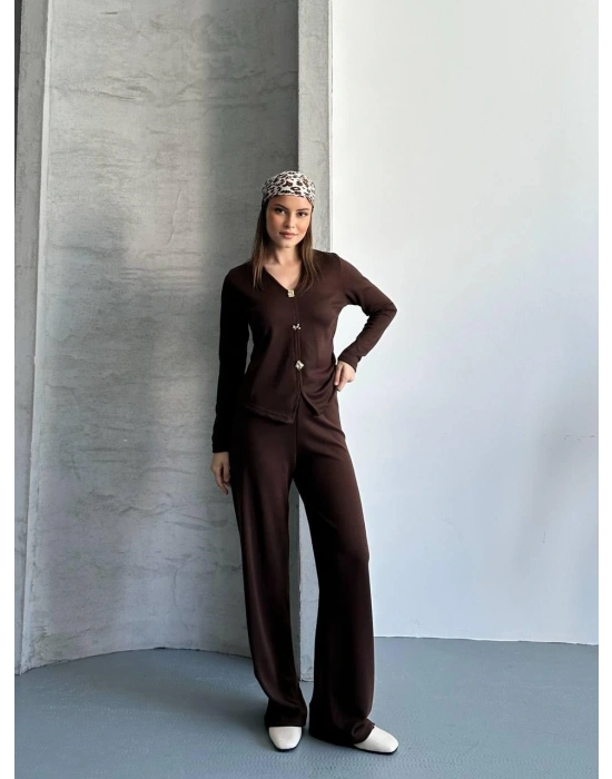 Kahverengi Düğmeli Fitilli İkili Takım