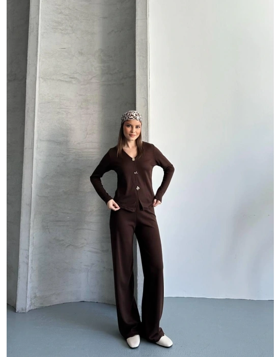 Kahverengi Düğmeli Fitilli İkili Takım