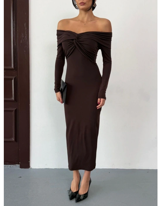 Kahverengi Düğümlü Madonna Yaka Elbise