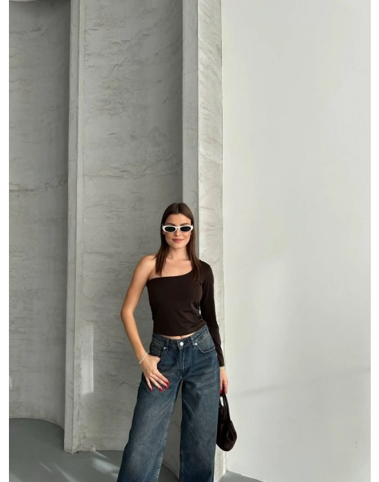 Kahverengi Tek Omuz Uzun Kollu Bluz