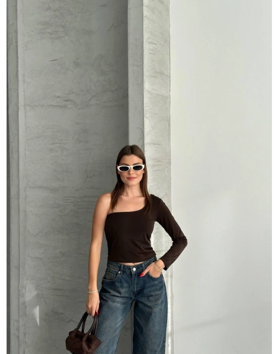 Kahverengi Tek Omuz Uzun Kollu Bluz