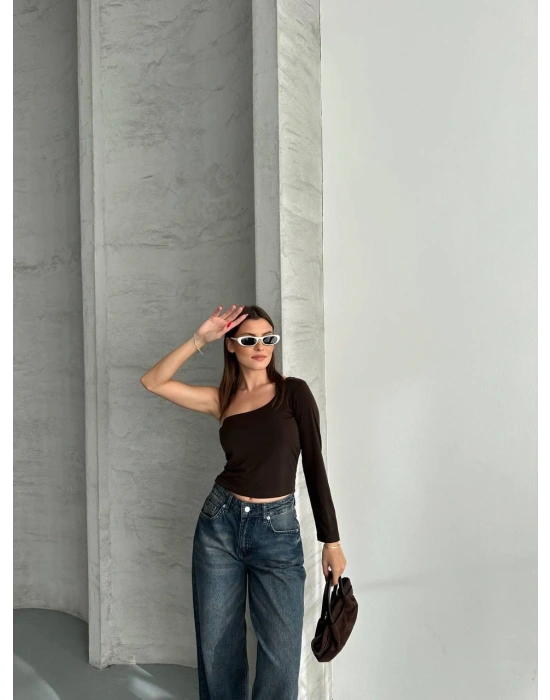 Kahverengi Tek Omuz Uzun Kollu Bluz