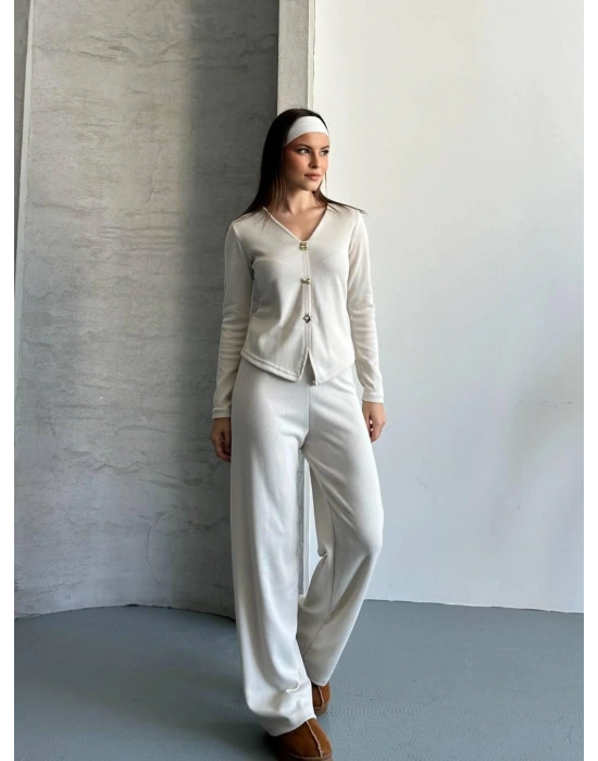 Krem Düğmeli Fitilli İkili Takım