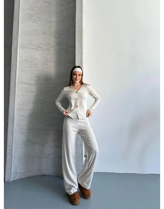 Krem Düğmeli Fitilli İkili Takım