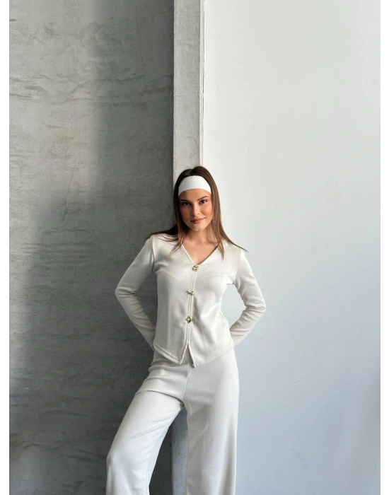 Krem Düğmeli Fitilli İkili Takım