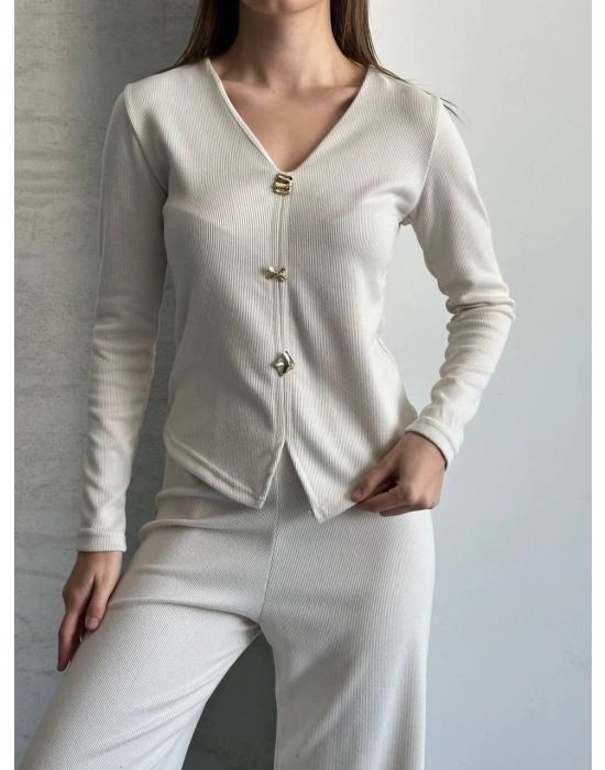 Krem Düğmeli Fitilli İkili Takım