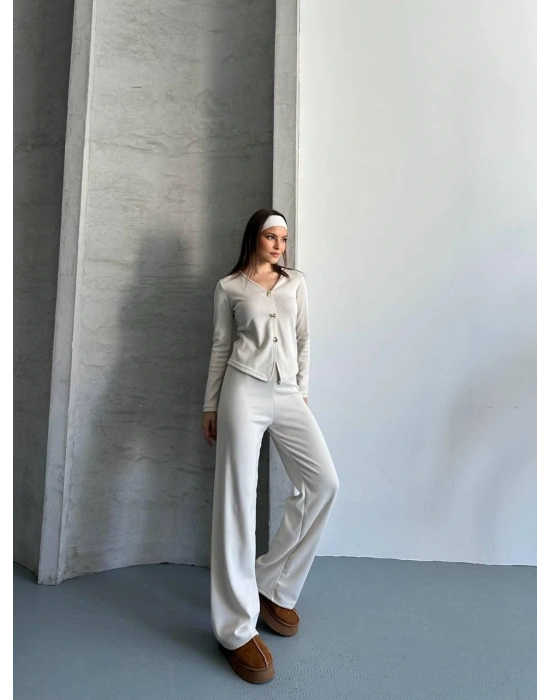 Krem Düğmeli Fitilli İkili Takım