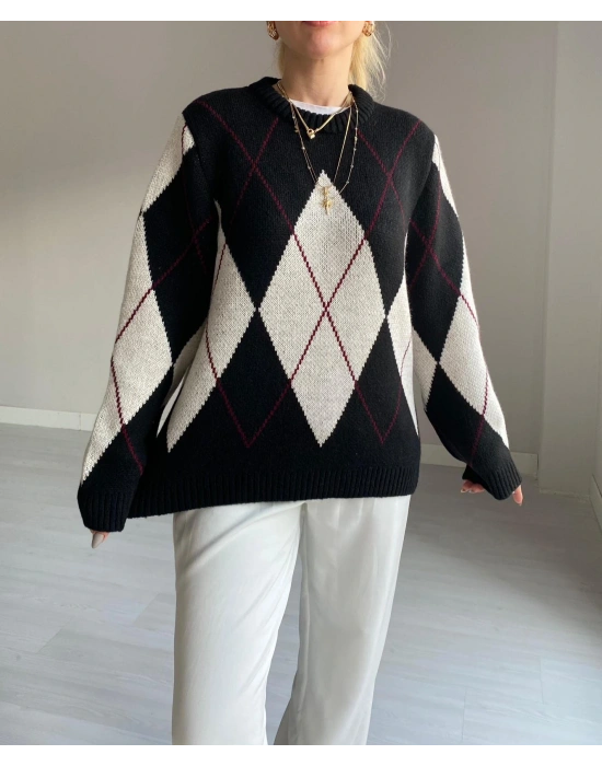 Siyah Baklava Desenli Kazak